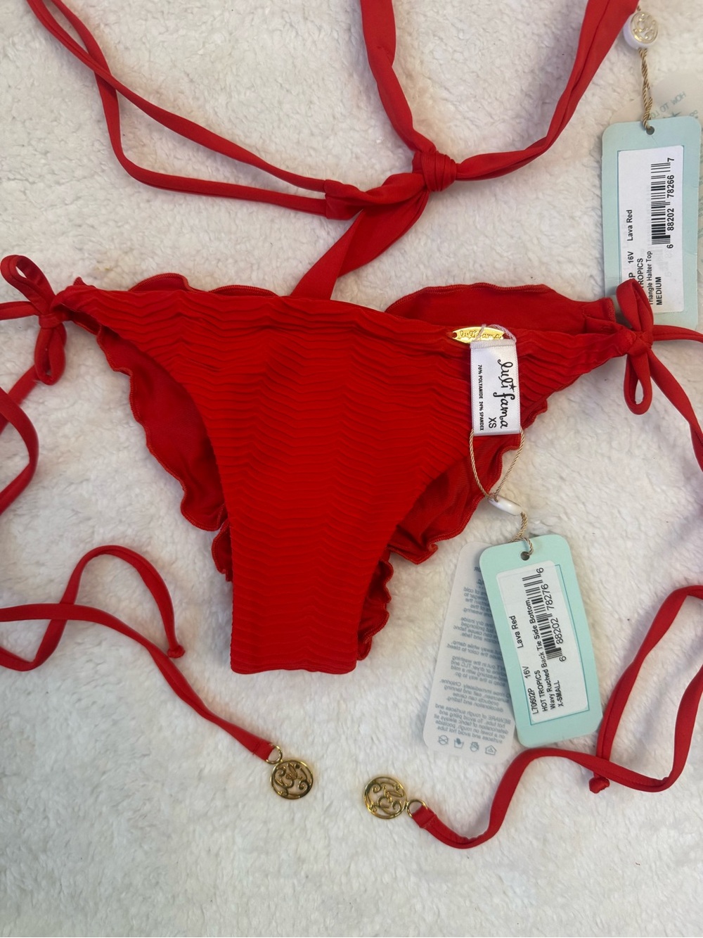 Luli Fama Hot Tropics Lava  Red Textured Wave Rushed Triangle Bikini XS Top M - Picture 14 of 15